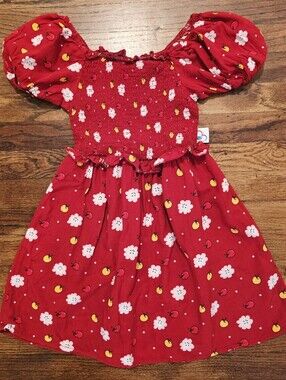 Girls' Sz 5-6 Red Puff-Sleeve Floral & Fruit Print Dress
